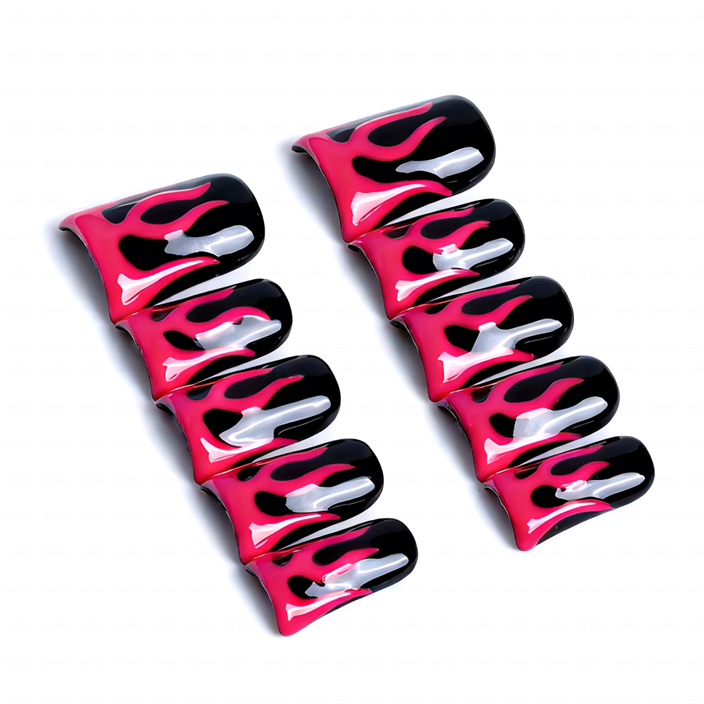 Blaze Pop – Hot Pink & Black Short Duck Press-Ons with Flame Graphics