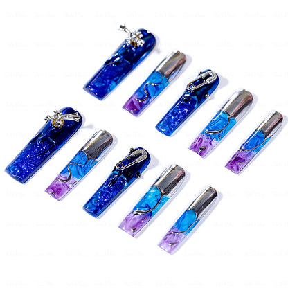 Cyber Blue Blue & Purple Long Square Water Press-Ons with Pin & Cross Charms