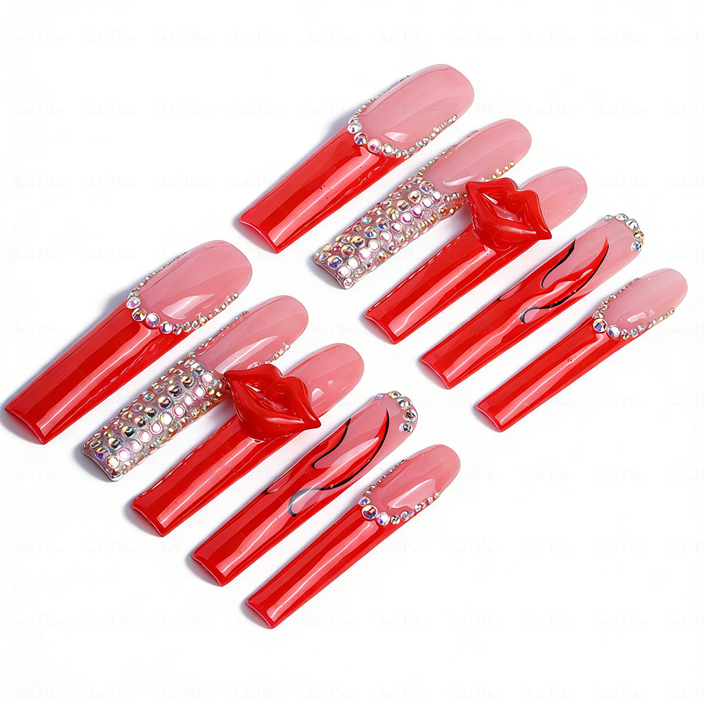 3D Lip French  Red & Nude Long Square Press-Ons with 3D Lip Charms & Rhinestone Details