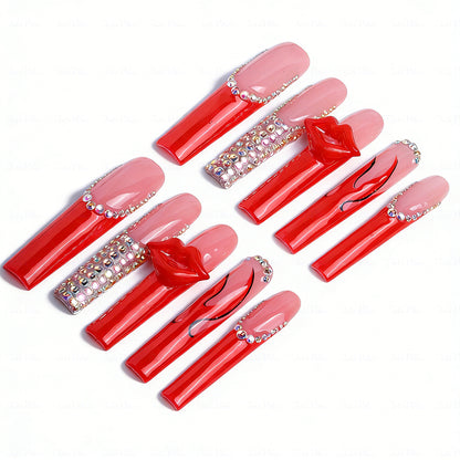 3D Lip French  Red & Nude Long Square Press-Ons with 3D Lip Charms & Rhinestone Details