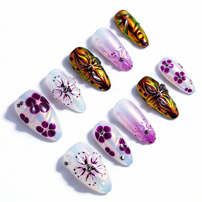 Aurora Flora – Iridescent Purple Medium Almond Press-Ons with 3D Floral & Chameleon Metallic Accents