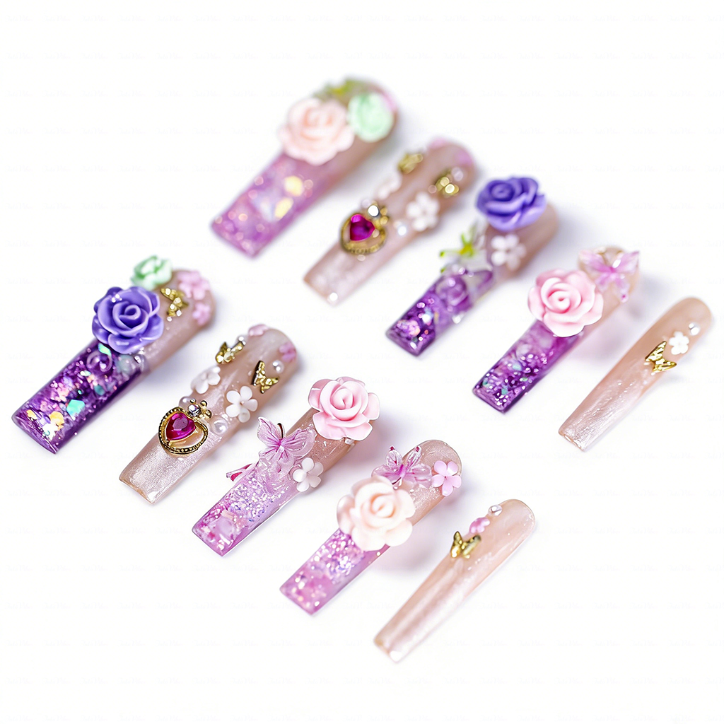 Rose Fairy  Nude & Purple Long Square Water Press-Ons with 3D Rose & Butterfly Charms