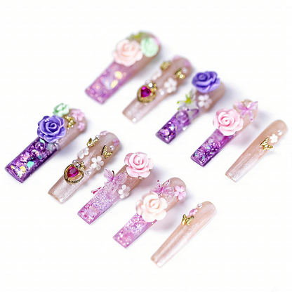 Rose Fairy  Nude & Purple Long Square Water Press-Ons with 3D Rose & Butterfly Charms