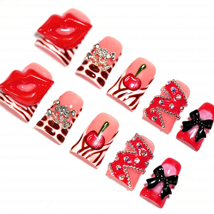 Cherry Kiss – Short Duck Press-Ons with 3D Lip & Cherry Accents