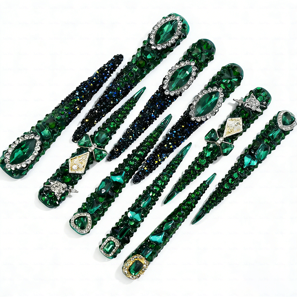 Emerald Bling-Deep Green Extra Long Stiletto Press-Ons with Full Rhinestone Encrusted Design