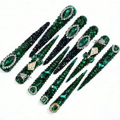 Emerald Bling-Deep Green Extra Long Stiletto Press-Ons with Full Rhinestone Encrusted Design