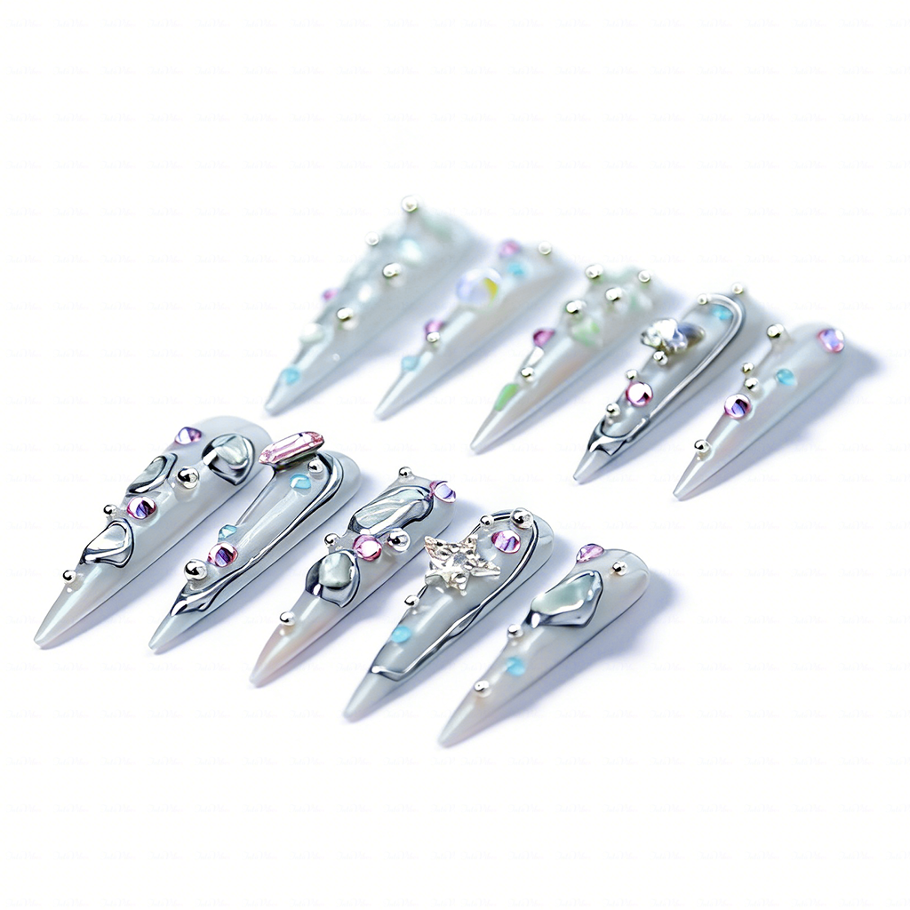 Aurora Crystal – Iridescent Mint Stiletto Press-Ons with Mixed Rhinestone Accents