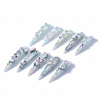 Aurora Crystal – Iridescent Mint Stiletto Press-Ons with Mixed Rhinestone Accents