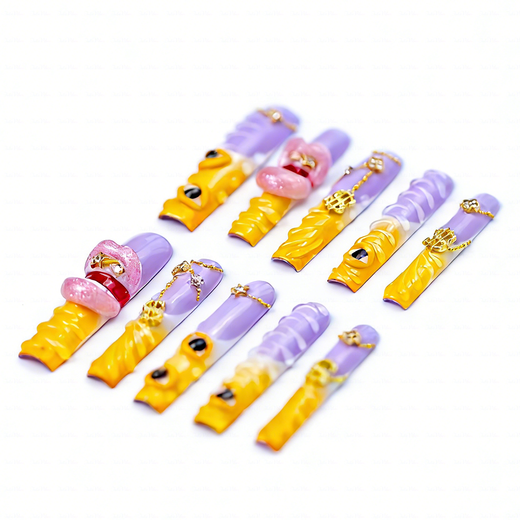 Sunset Swirl – Lavender & Mango Long Square Press-Ons with 3D Lip & Chain Charms