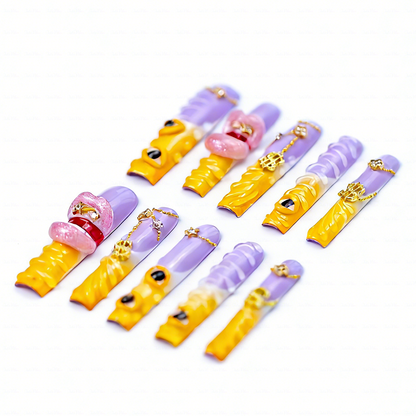 Sunset Swirl – Lavender & Mango Long Square Press-Ons with 3D Lip & Chain Charms