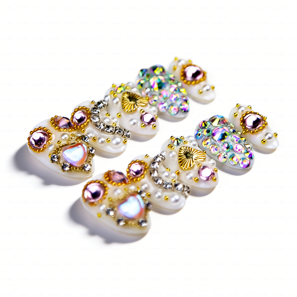 Pearl Glitz – Milky White Short Almond Press-Ons with Heart Gem & Full Rhinestone Accents