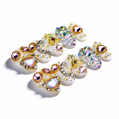 Pearl Glitz – Milky White Short Almond Press-Ons with Heart Gem & Full Rhinestone Accents