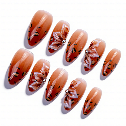 Caramel Bow – Amber Brown Short Almond Press-Ons with Leopard Print & 3D Bow Accents