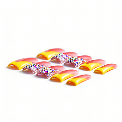 Sunny Yellow V French – Nude & Bright Yellow Long Duck Press-Ons with Iridescent Rhinestone Accents