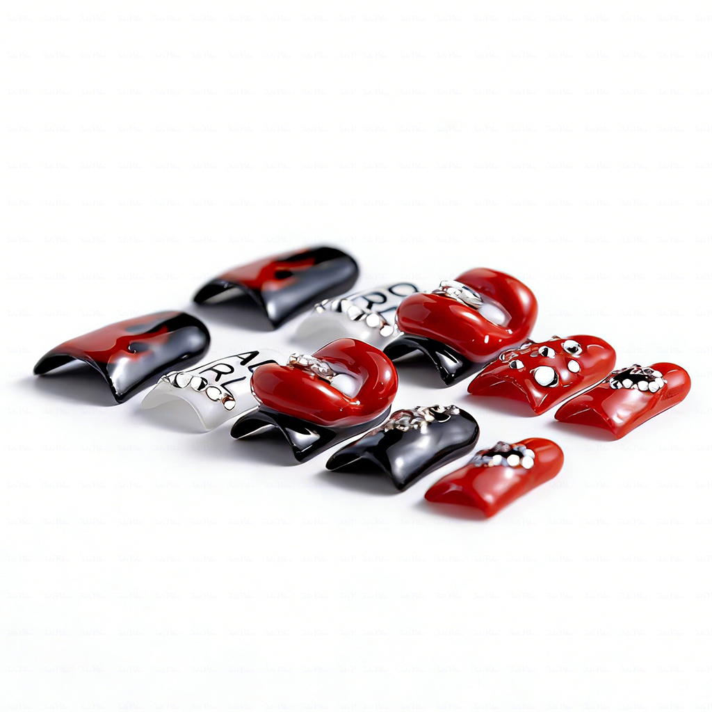 Rebel Pout - Rebel Red & Black Short Duck Press-Ons with 3D Lip & Rhinestone Charms