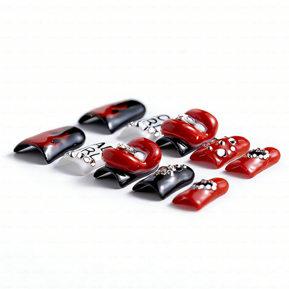 Rebel Pout - Rebel Red & Black Short Duck Press-Ons with 3D Lip & Rhinestone Charms