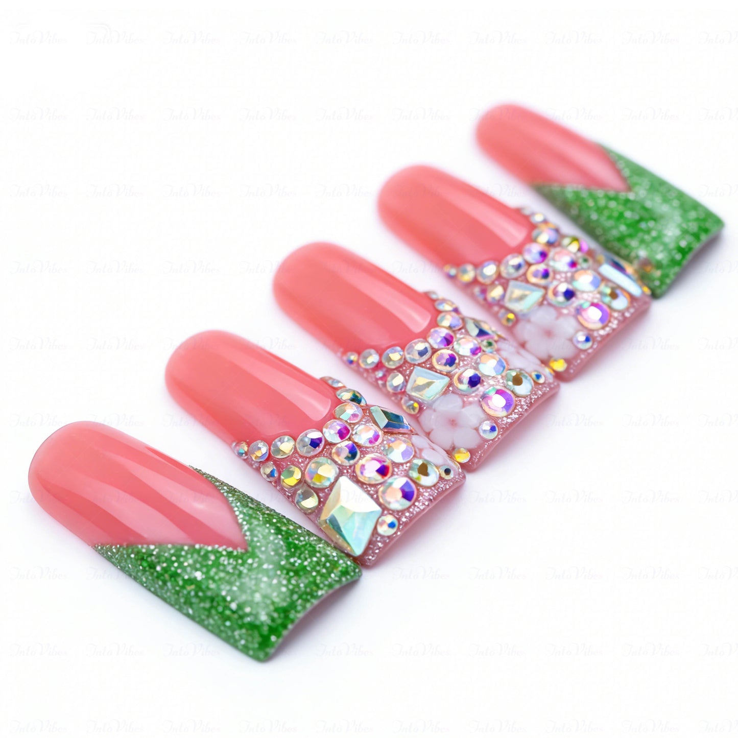 Emerald V French-Nude & Green Long Duck Press-Ons with V-Tip & Iridescent Rhinestone Accents