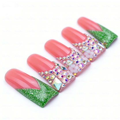 Emerald V French-Nude & Green Long Duck Press-Ons with V-Tip & Iridescent Rhinestone Accents
