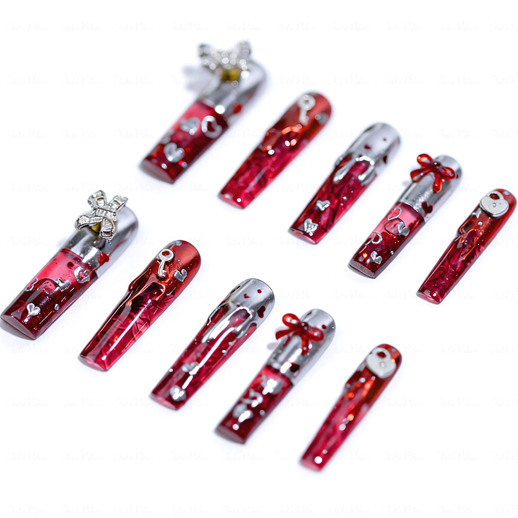 Lava Heart  Red & Silver Long Square Water Press-Ons with Metal Lava & Lock & Key Charms