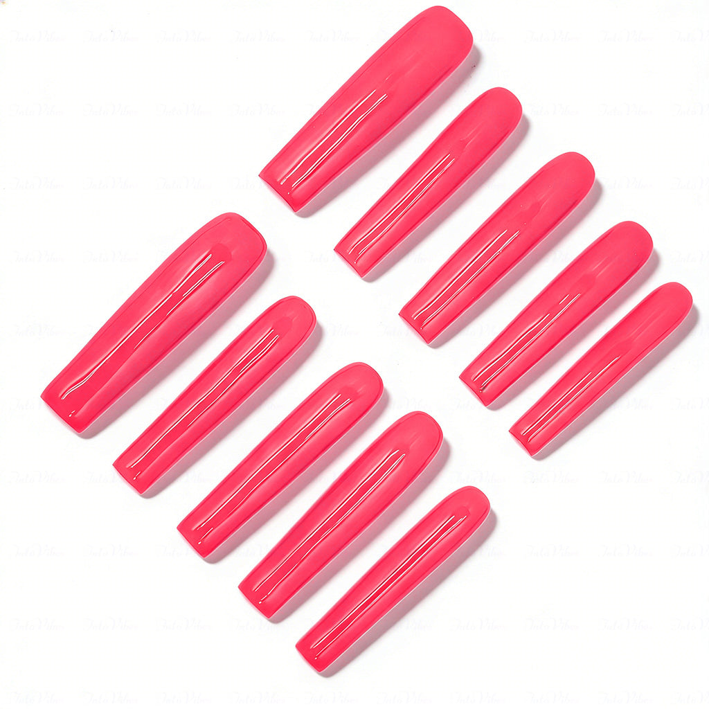 Neon Hot Pink  Bright Pink Long Square Press-Ons with High Gloss Solid Finish