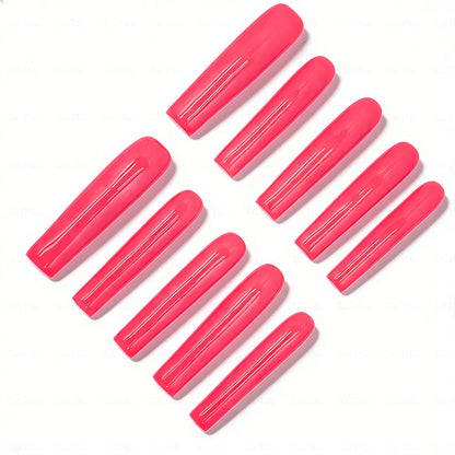 Neon Hot Pink  Bright Pink Long Square Press-Ons with High Gloss Solid Finish