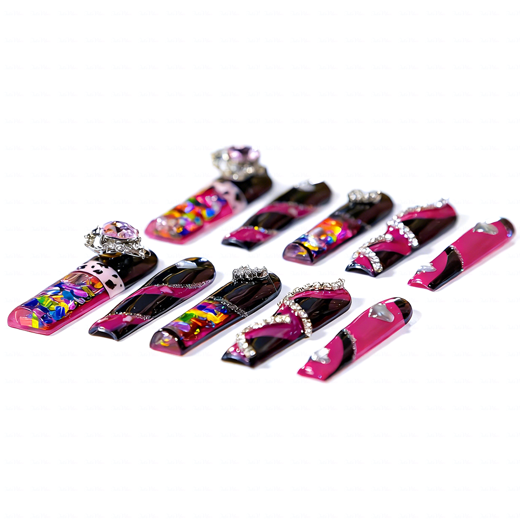 Neon Punk – Long Square Jelly Press-Ons with Heart & Crystal Accents
