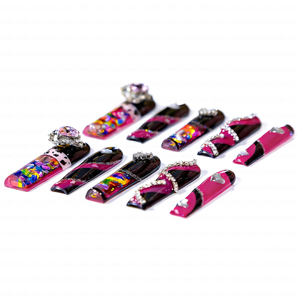 Neon Punk – Long Square Jelly Press-Ons with Heart & Crystal Accents