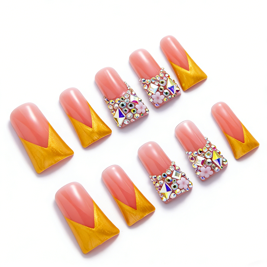 Sunset Blossom – Pink & Gold Long Duck Press-Ons with Crystal & Floral Accents