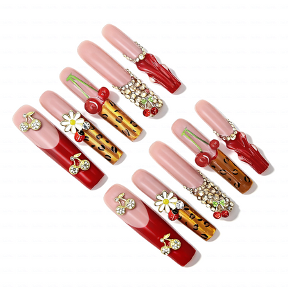 Cherry Leopard-Red & Nude Long Square Press-Ons with 3D Cherry & Leopard Print Accents