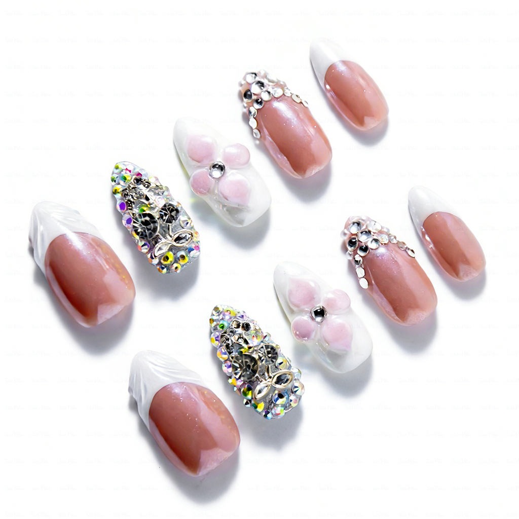 Bridal Blush – Nude Pink Short Almond Press-Ons with French Tips & Full Rhinestone Accents