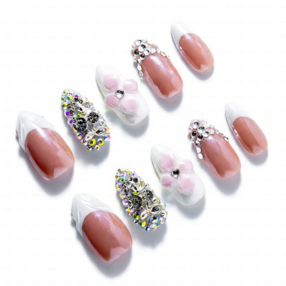 Bridal Blush – Nude Pink Short Almond Press-Ons with French Tips & Full Rhinestone Accents