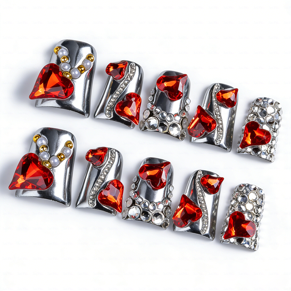 Ruby Chrome – Metallic Silver Short Duck Press-Ons with Red Crystal & Heart Charms