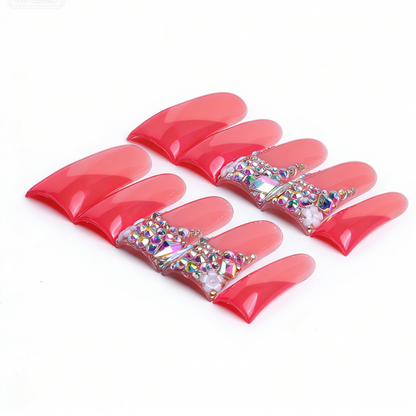 Coral Ombre Bling  Pink & Red Long Duck Press-Ons with Iridescent Rhinestone Accents