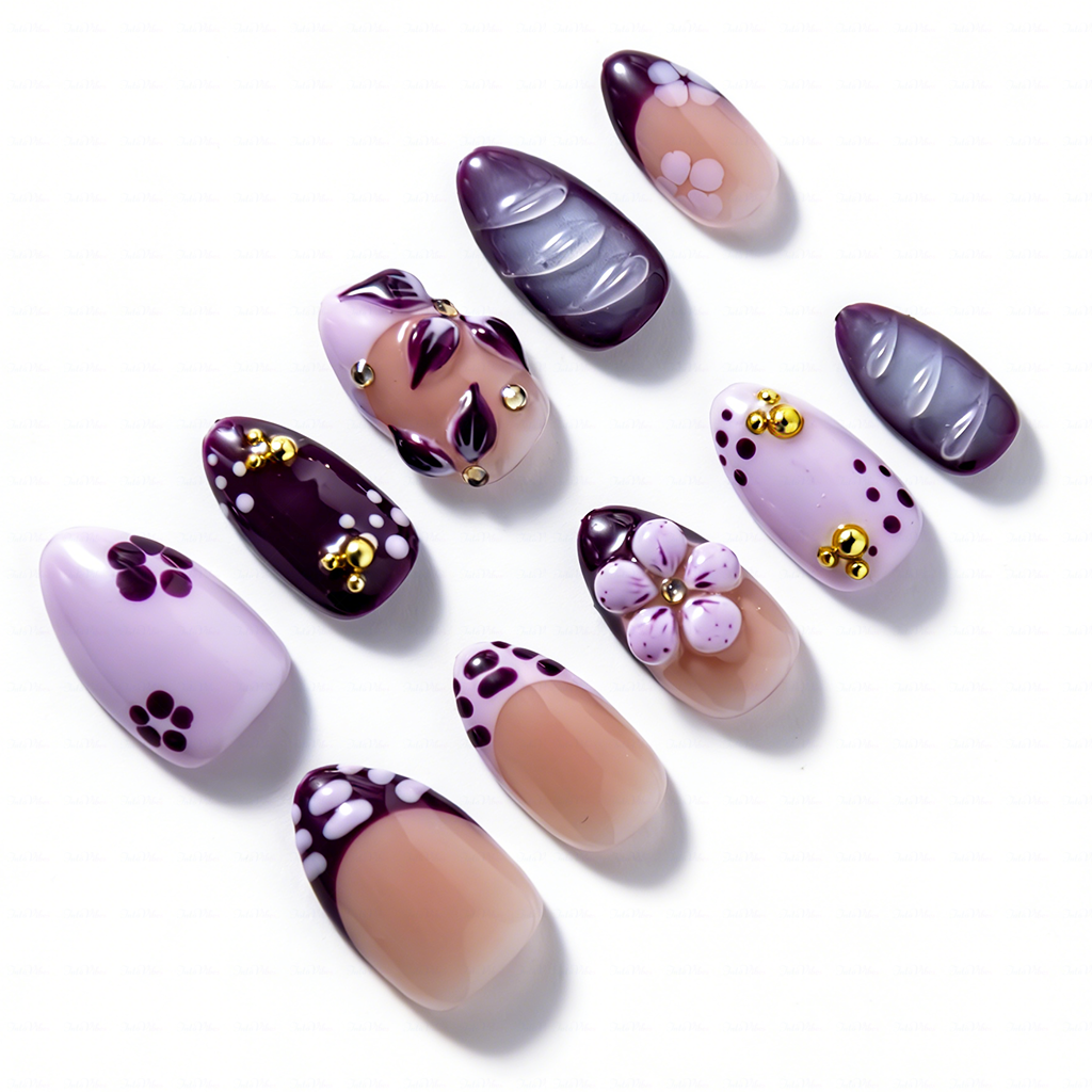 Lilac Wild – Lavender Purple Short Almond Press-Ons with Leopard Print & 3D Floral Accents