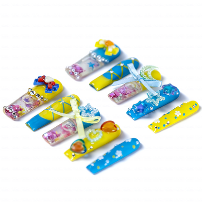 Kawaii Bow  Blue & Yellow Long Square Water Press-Ons with 3D Bow & Moon Charms