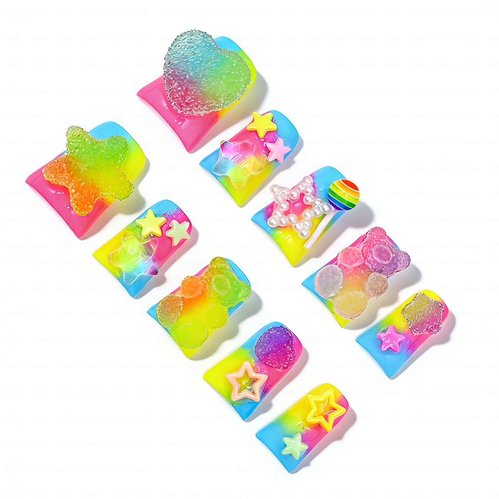 Candy Pop – Neon Rainbow Short Duck Press-Ons with 3D Gummy Bear & Lollipop Charms
