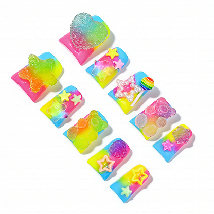 Candy Pop – Neon Rainbow Short Duck Press-Ons with 3D Gummy Bear & Lollipop Charms