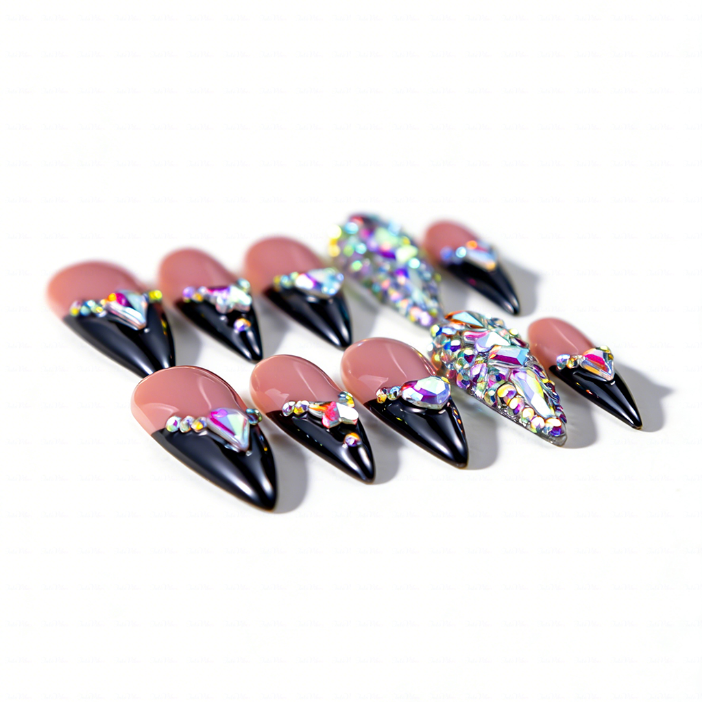 Baddie French – Nude & Black Long Stiletto Press-Ons with French Tips & Iridescent Rhinestone Accents