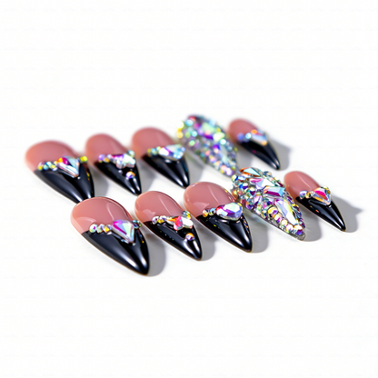 Baddie French – Nude & Black Long Stiletto Press-Ons with French Tips & Iridescent Rhinestone Accents