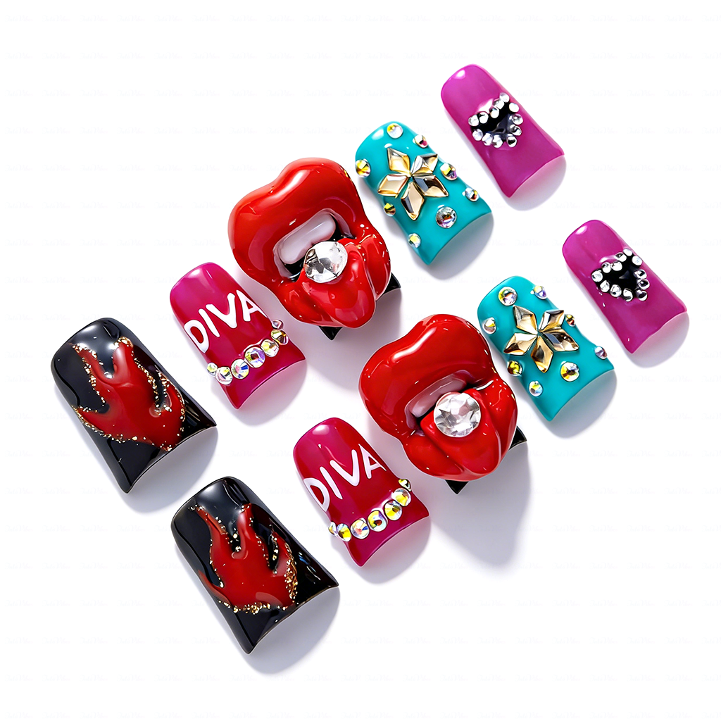Diva Pout – Bold Multi-Color Short Duck Press-Ons with 3D Lip & Rhinestone Charms