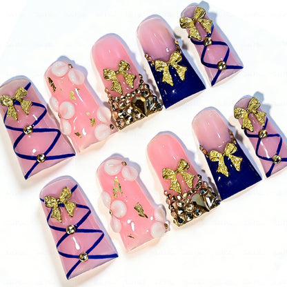 Gold Bow Lolita – Pink & Navy Blue Long Duck Press-Ons with Gold Bow & Rhinestone Accents