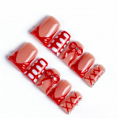 Crimson Bow – Nude & Red Short Duck Press-Ons with 3D Bow & Lace Accents