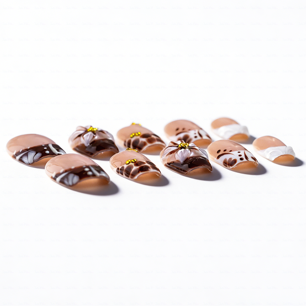 Cocoa Bloom – Nude Brown Short Square Press-Ons with Leopard Print & 3D Floral Accents