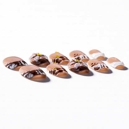 Cocoa Bloom – Nude Brown Short Square Press-Ons with Leopard Print & 3D Floral Accents