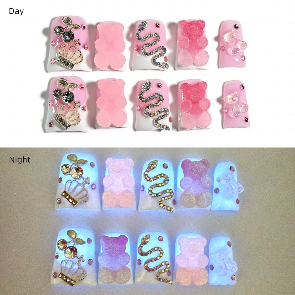 Gummy Princess – Soft Pink & White Short Duck Press-Ons with 3D Gummy Bear & Rhinestone Snake