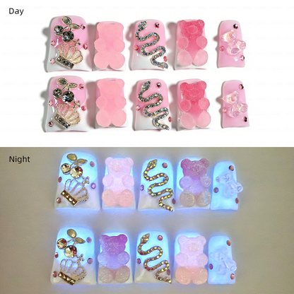 Gummy Princess – Soft Pink & White Short Duck Press-Ons with 3D Gummy Bear & Rhinestone Snake