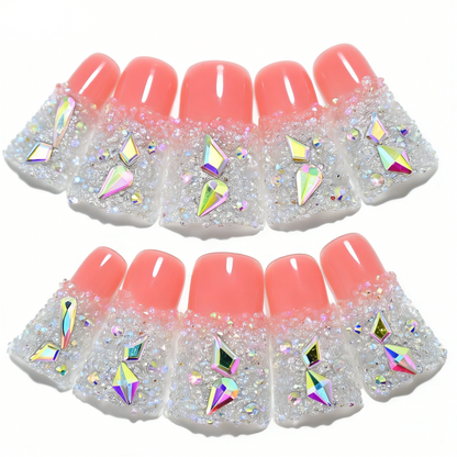 Sugar Glitter – Pink & White Long Duck Press-Ons with Iridescent Crystal Accents