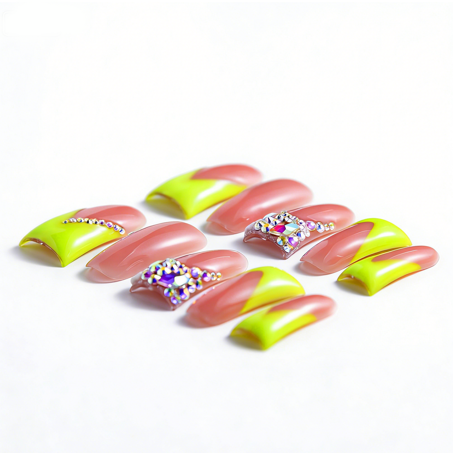 Neon Green V French – Nude & Neon Green Long Duck Press-Ons with Iridescent Rhinestone Accents