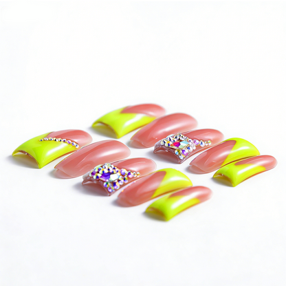 Neon Green V French – Nude & Neon Green Long Duck Press-Ons with Iridescent Rhinestone Accents