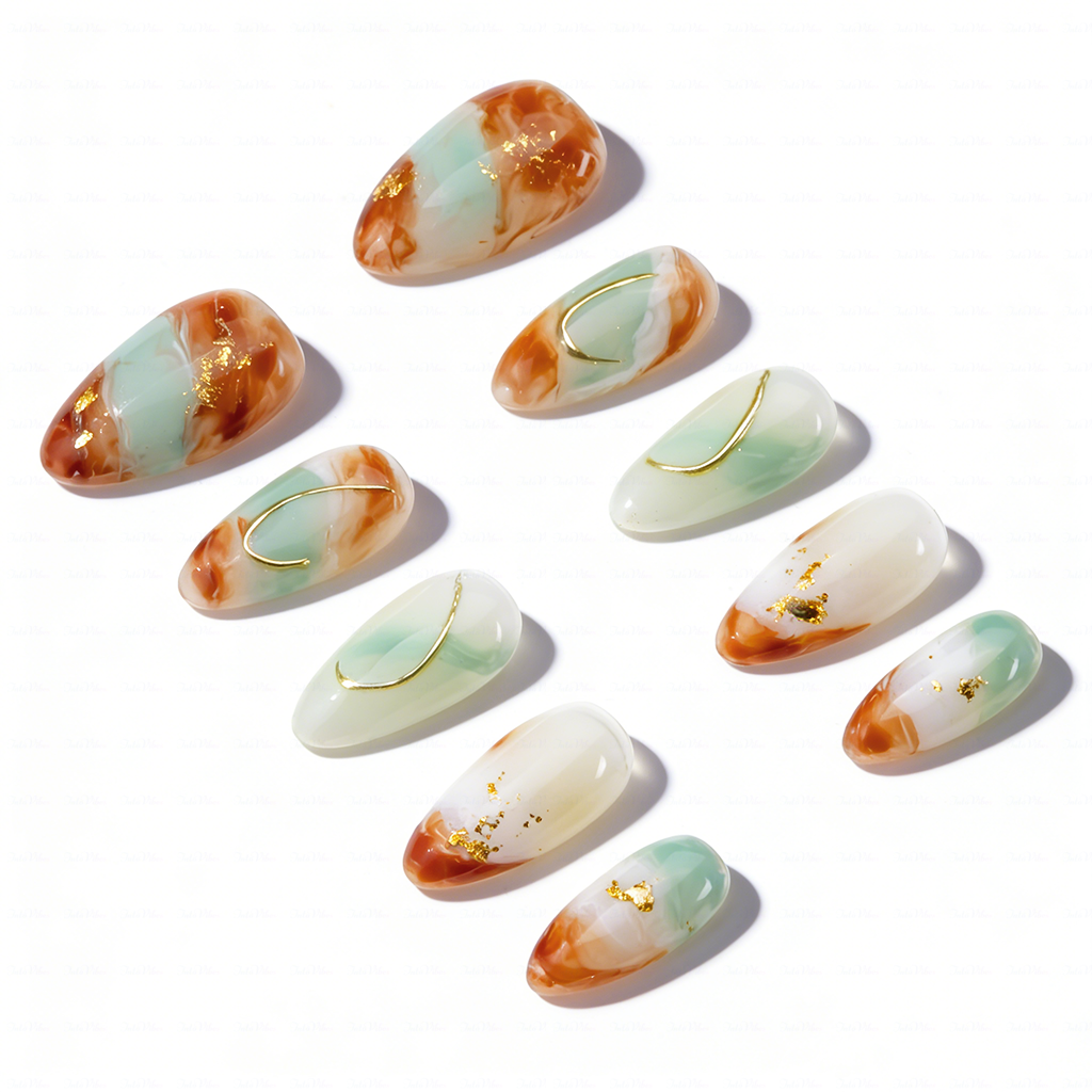 Jade Latte – Mint & Caramel Medium Almond Press-Ons with Marble Swirl & Gold Foil Accents